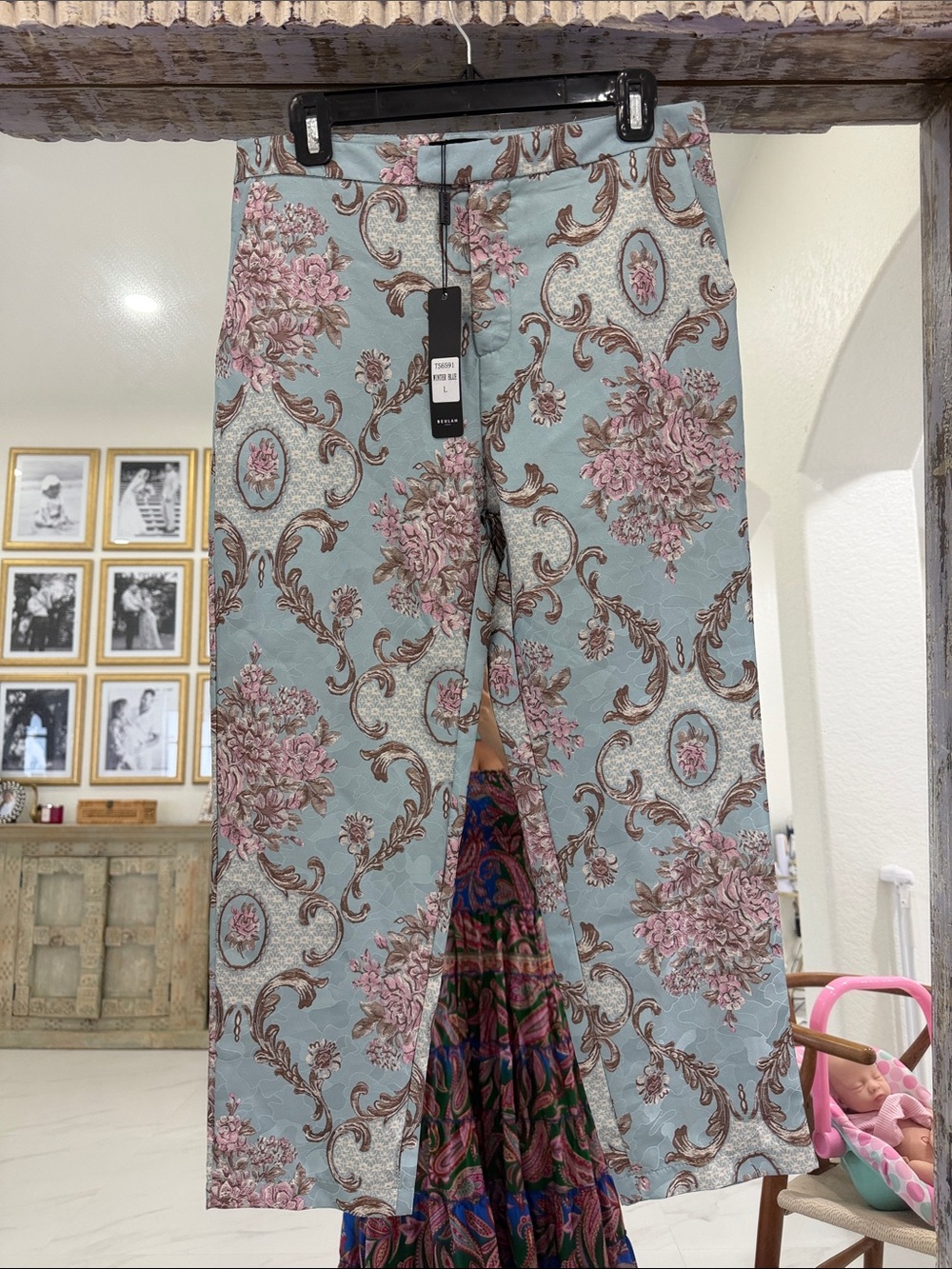 Beulah Pastel Blue Floral Jacquard Ankle Pants with Pink Accents